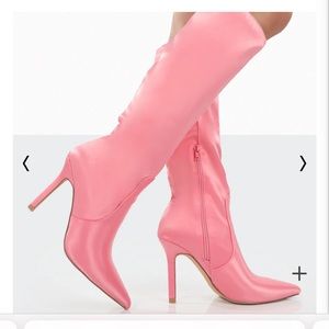 BNIB Pink Satin Knee High Boots with 4 1/2” heel Size 10